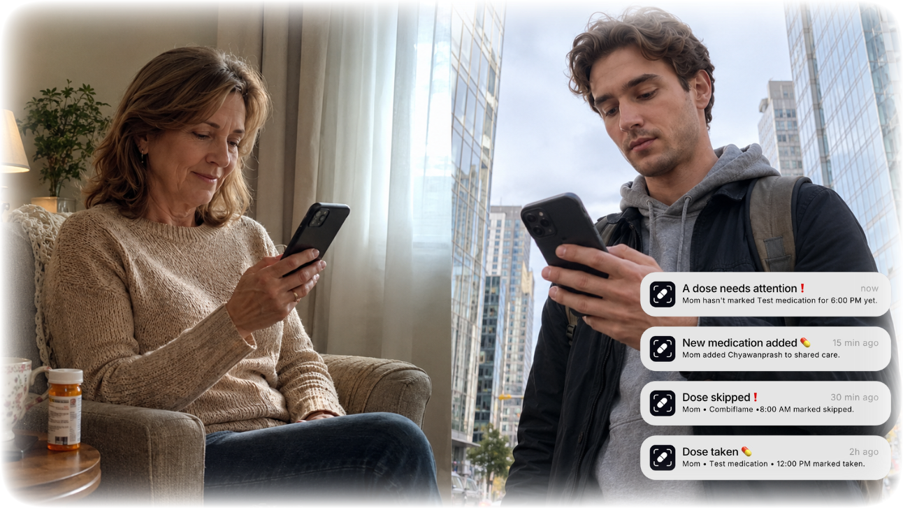 Mother at home and son in the city using Med AI caregiver updates