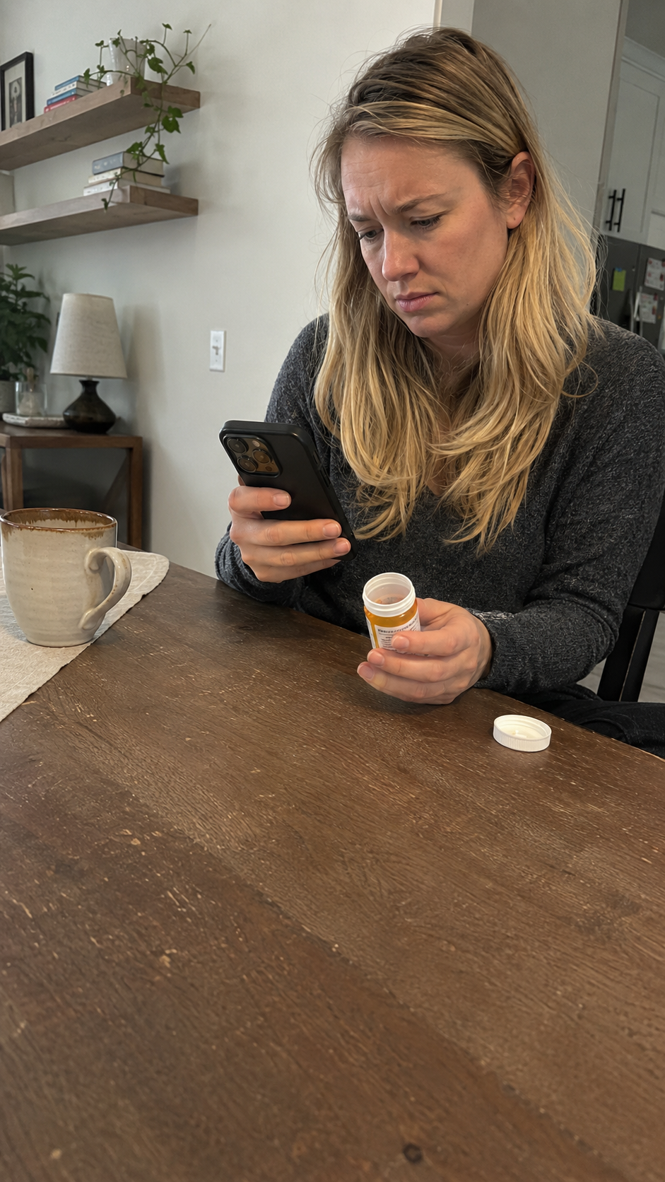 Person holding a medication bottle and phone after noticing a refill is low